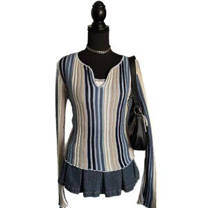 blue striped bell sleeve vneck top